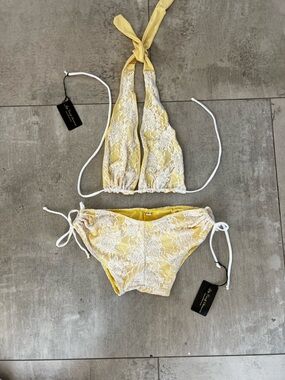 Yellow Lace Triangle Bikini Set with White Trim